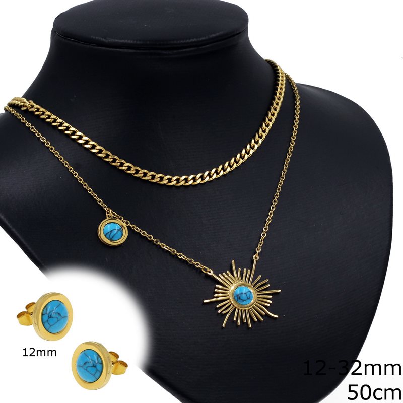 Stainless Steel Set of Double Necklace Sun 32mm with Stone 12mm, 50cm, and Earrings with Stone 12mm