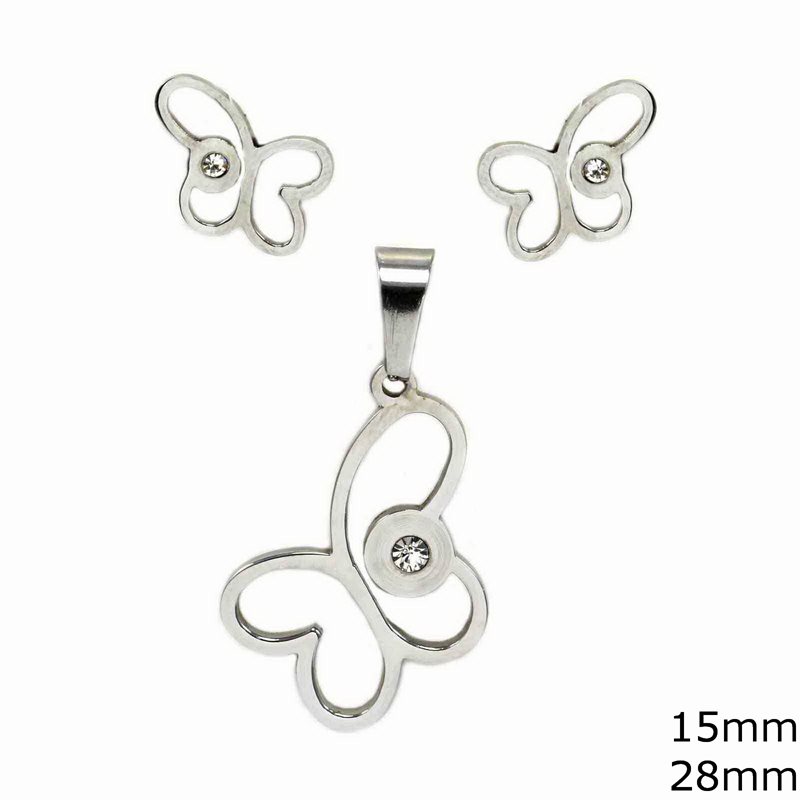 Stainless Steel Set of Necklace Butterfly 28mm and Earrings 15mm with Rhinestone  