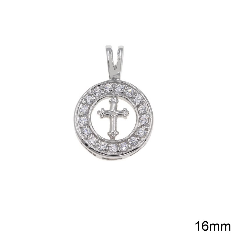 Silver 925 Pendant Cross in Circle with Zircon 16mm