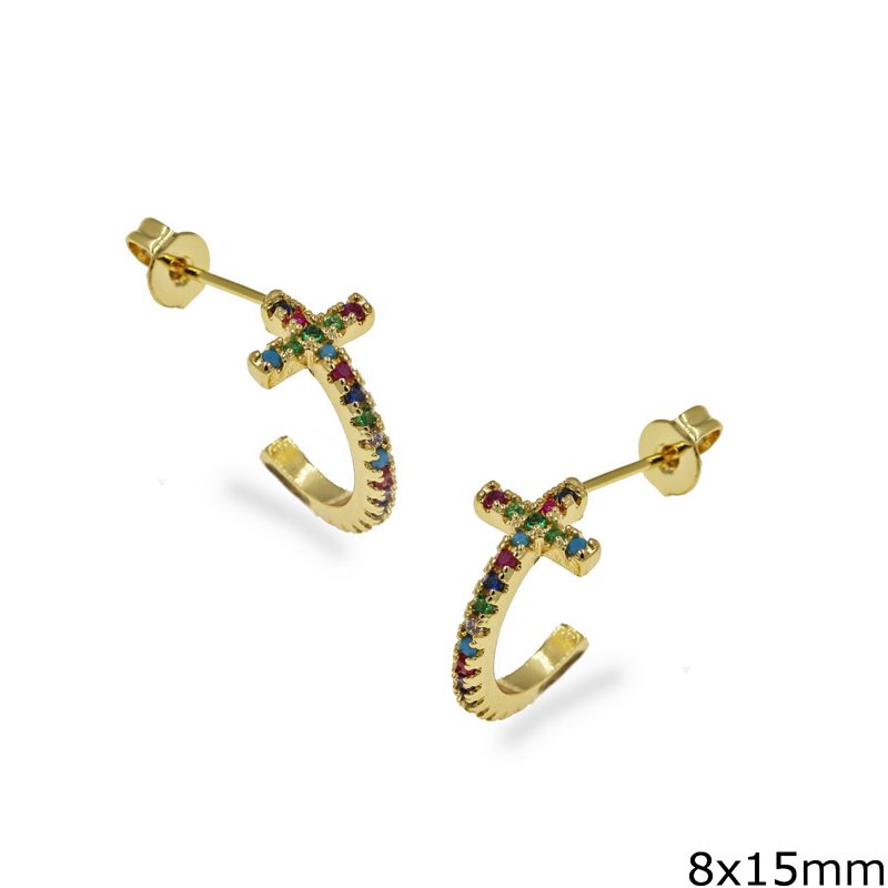 Metallic Hoop Earrings with Cross and multi color stones 8x15mm