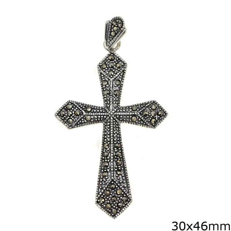 Silver 925 Pendant Cross with Triangle Edges and Marcasite 30x46mm