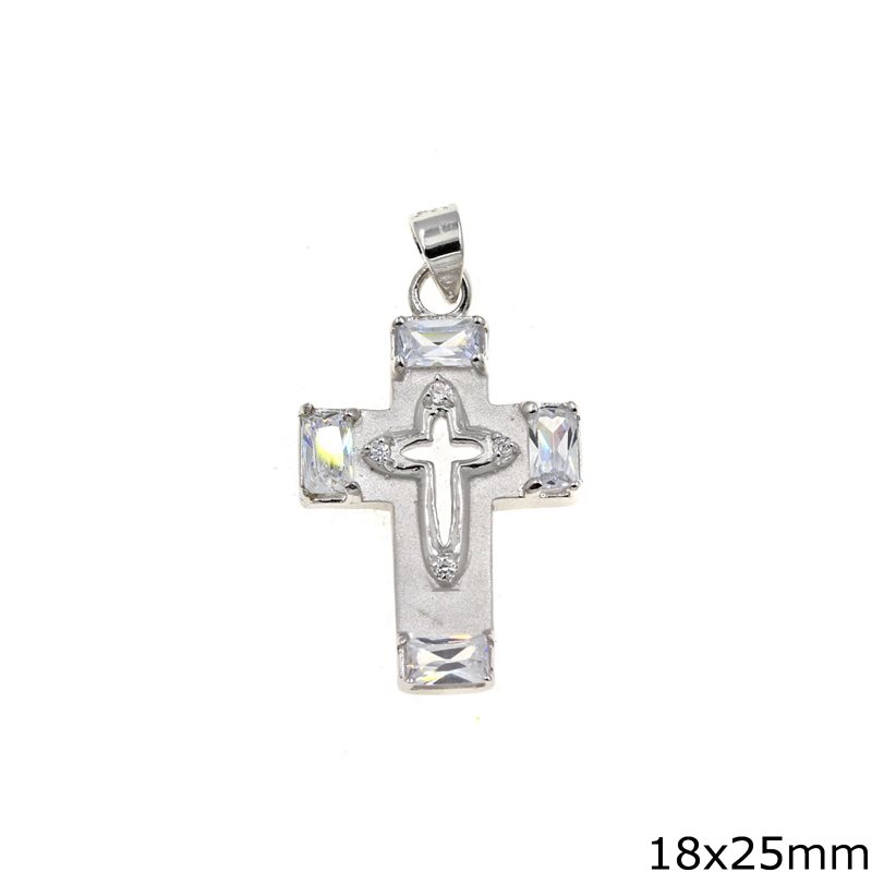 Silver 925Pendant Cross with Zirocn and Baguettes 18x25mm