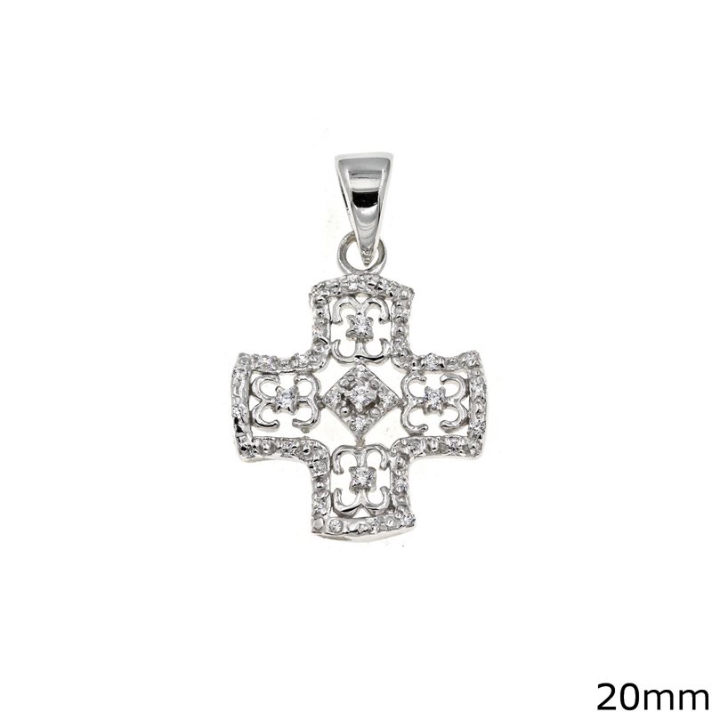 Silver 925 Lacy Pendant Cross with Zircon 20mm