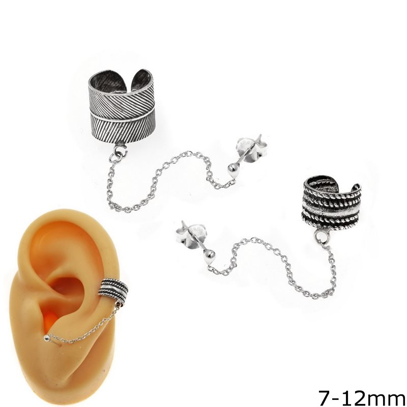 Σκουλαρίκια Ασημένια 925  Καρφάκι Μπίλια & Ear Cuff  7-12mm με Αλυσίδα Οξυντέ