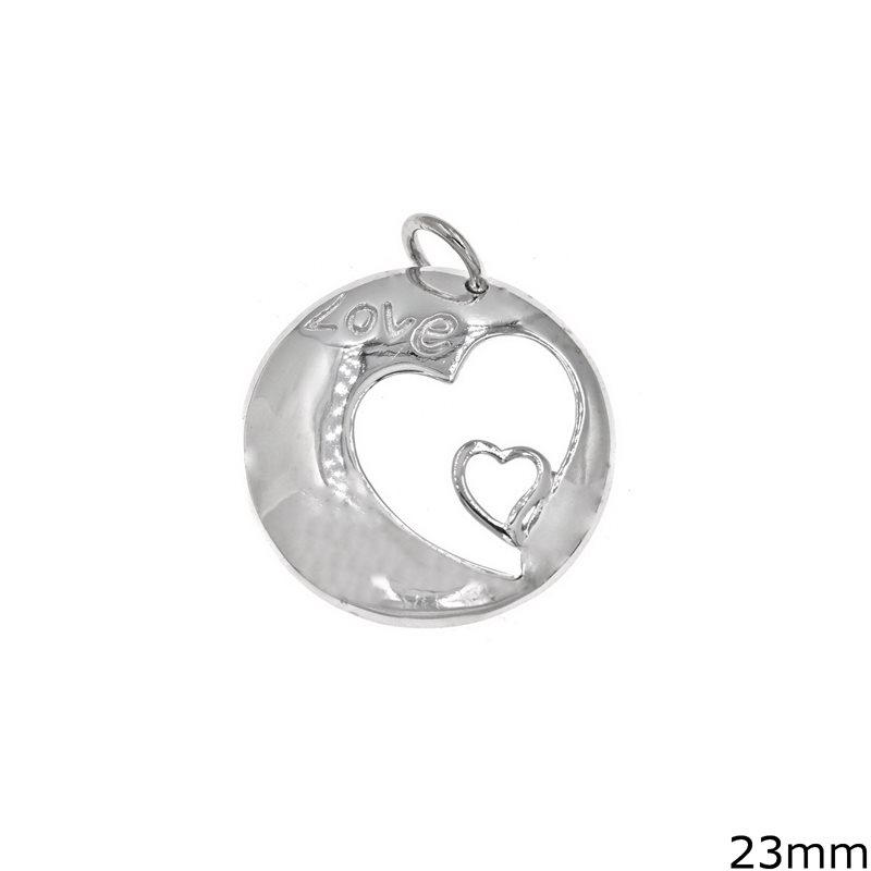 Silver 925 Round Pendant with Heart Love 23mm