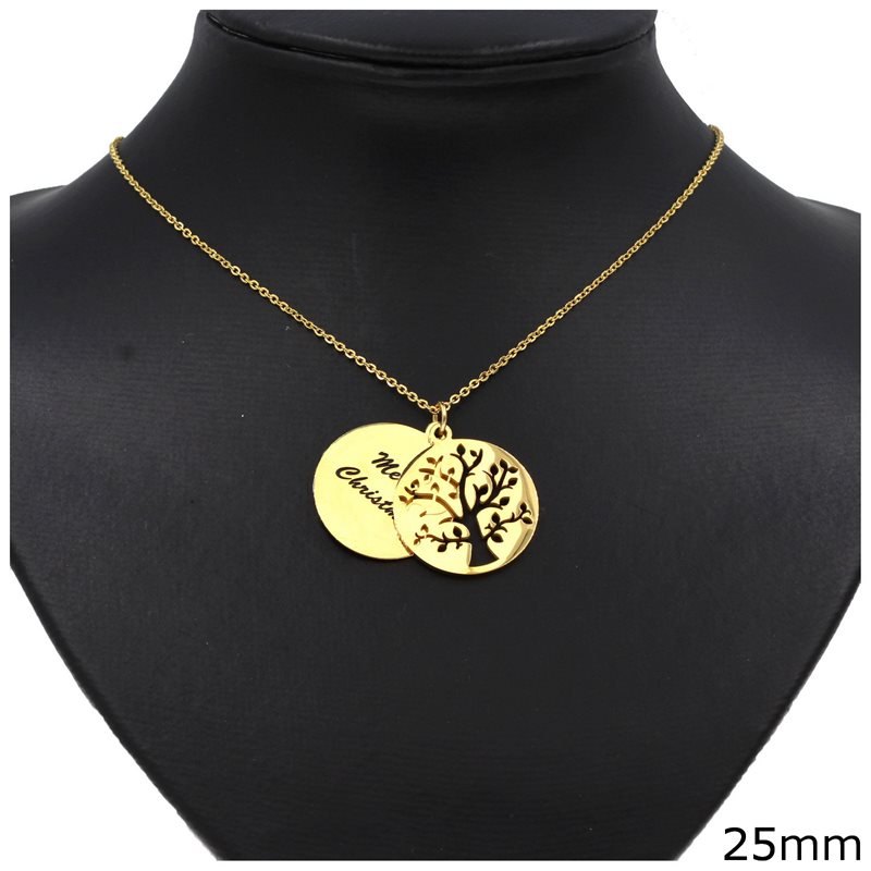 Stainless Steel Double Disk Pendant with Tree and "Merry Christmas" 25mm