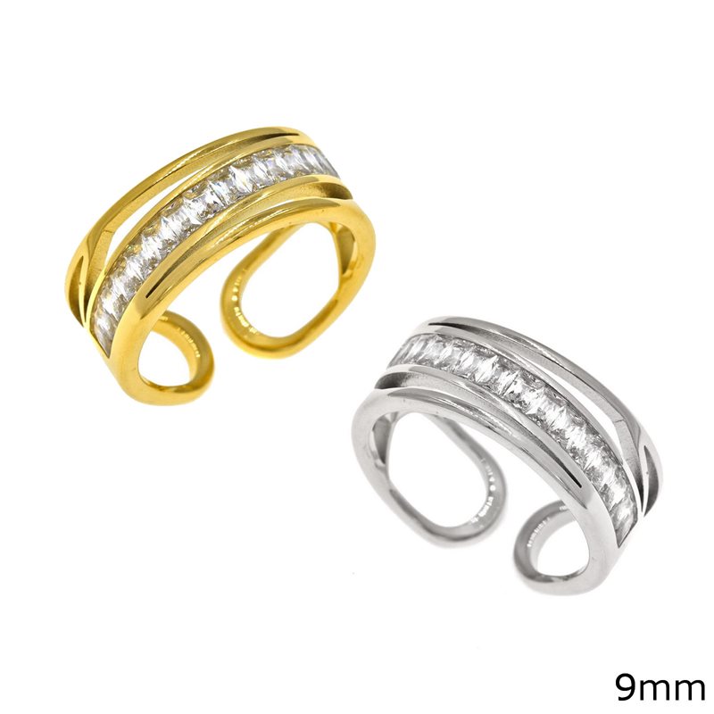 Stainless Steel Ring with Baguettes 9mm