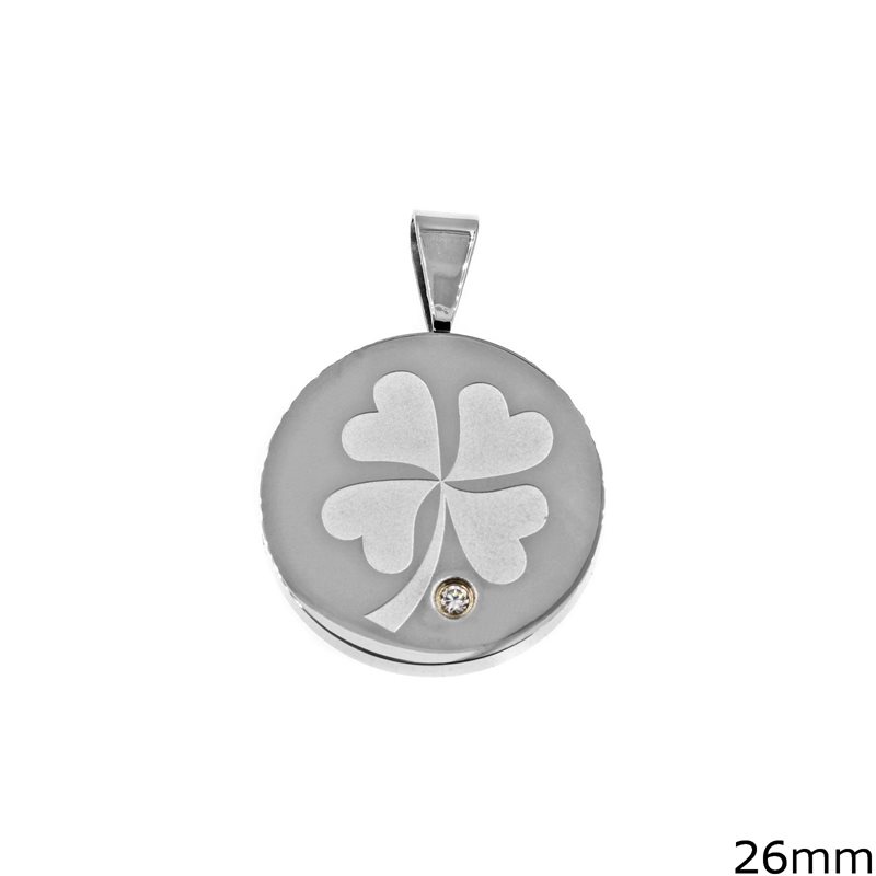 Stainless Steel Pendant Disk with 4 Leaf Clover 26mm