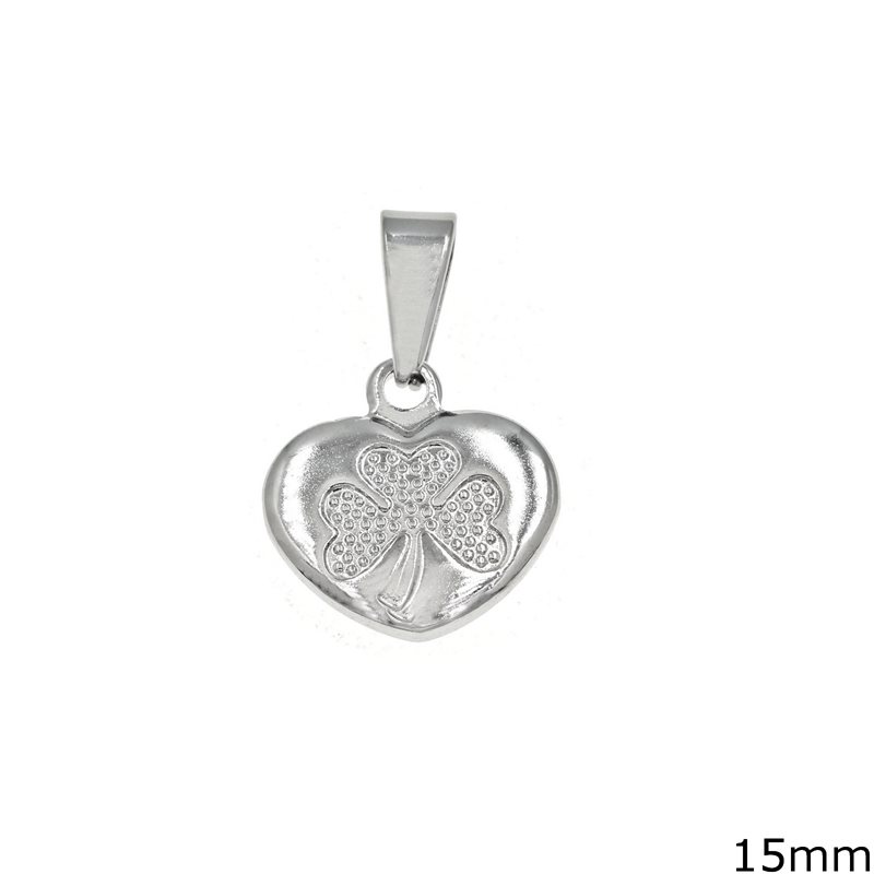 Stainless Steel Pendant Heart with 4 Leaf Clover 15mm