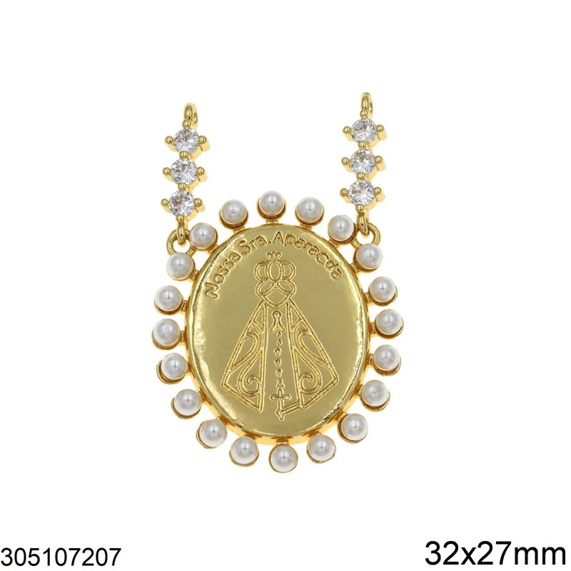 Brass Pendant Oval Holy Mary Aparecida with Pearls and Zircon 32x27mm