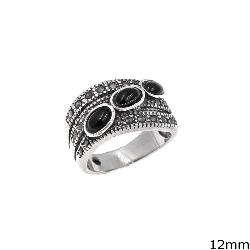 Silver 925 Ring with Marcasite and Oval Stones 12mm