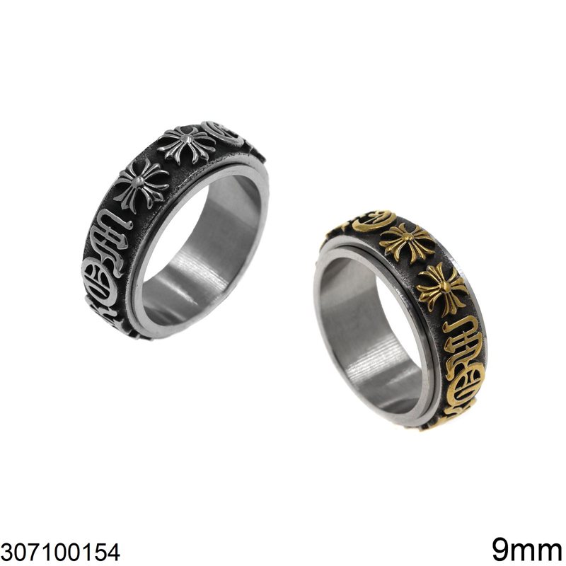 Stainless Steel Anxiety Ring with Crosses and Symbols 9mm