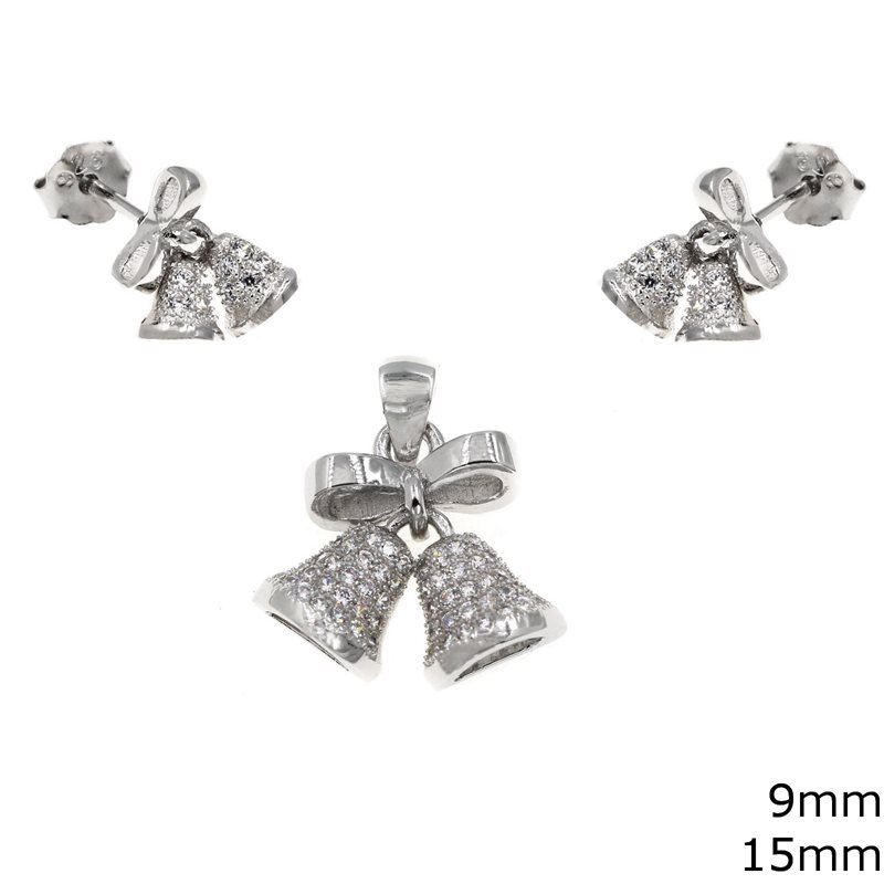 Silver 925 Set of Pendant 15mm and Earrings 9mm Bell with Ribbon and Zircon 