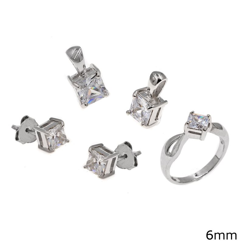 Silver 925 Set of Pendant , Earrings and Ring with Square Zircon 6mm