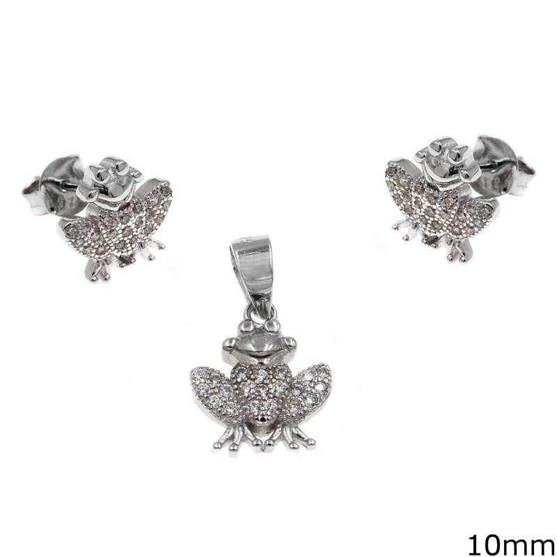 Silver 925 Set of Pendant and Earrings Frog with Zircon 10mm