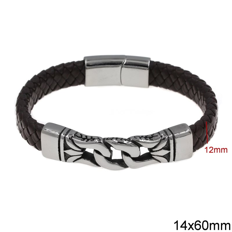 Stainless Steel Bracelet with Brown Leather Cord 12mm & Links 14x60mm