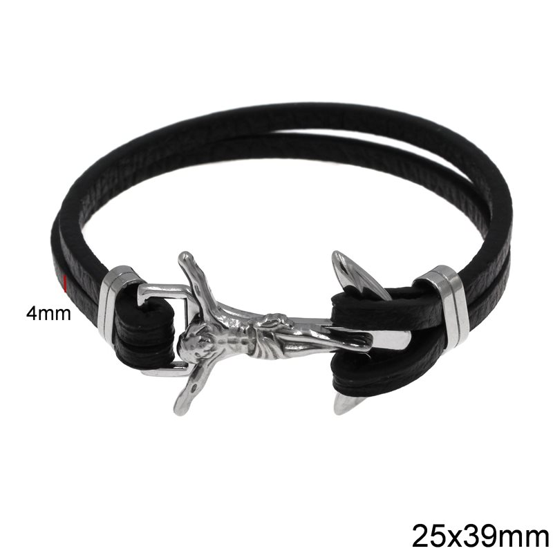 Stainless Steel Bracelet with Double Square Leather Cord 4mm & Anchor with Jesus Crucified 25x39mm