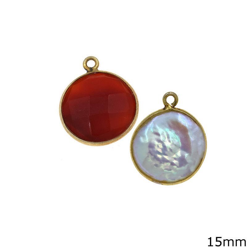 Silver 925 Bezel Round Pendant  with Semi Precious Stone 15mm