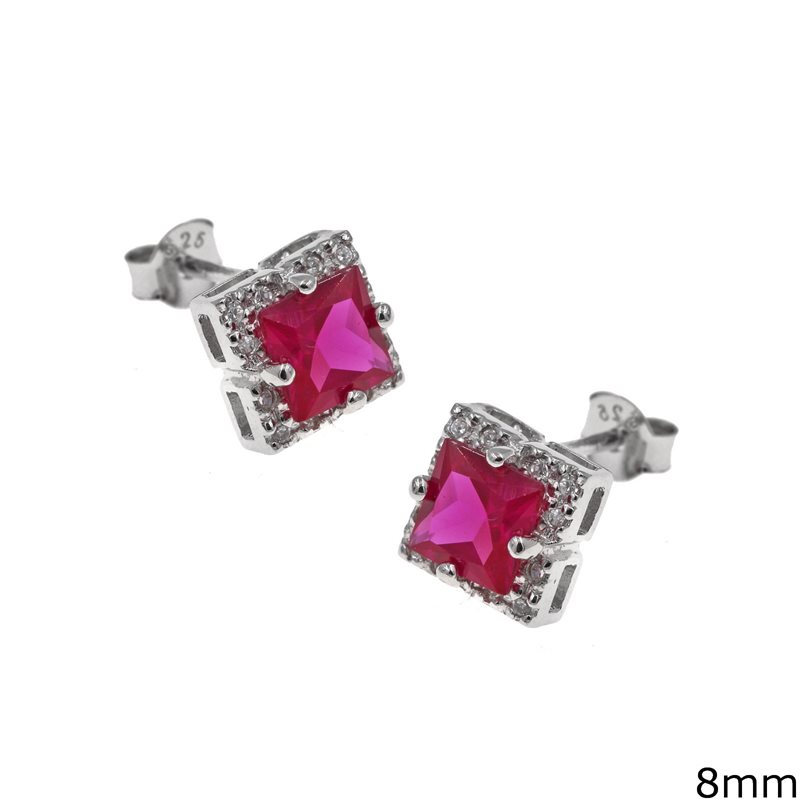 Silver 925 Earrings with Square Rosette and Zircon 8mm