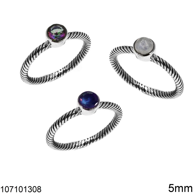 Silver 925 Twisted Oxydised Ring with Semi Precious Stone 5mm