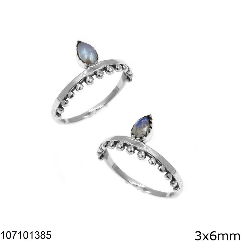 Silver 925 Ring with Semi Precious Stone 3x6mm