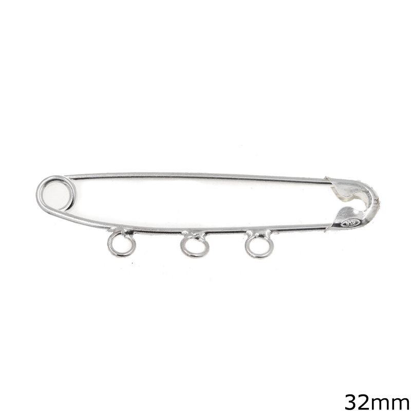 Silver 925 Safety Pin with 3 Hoops 32mm