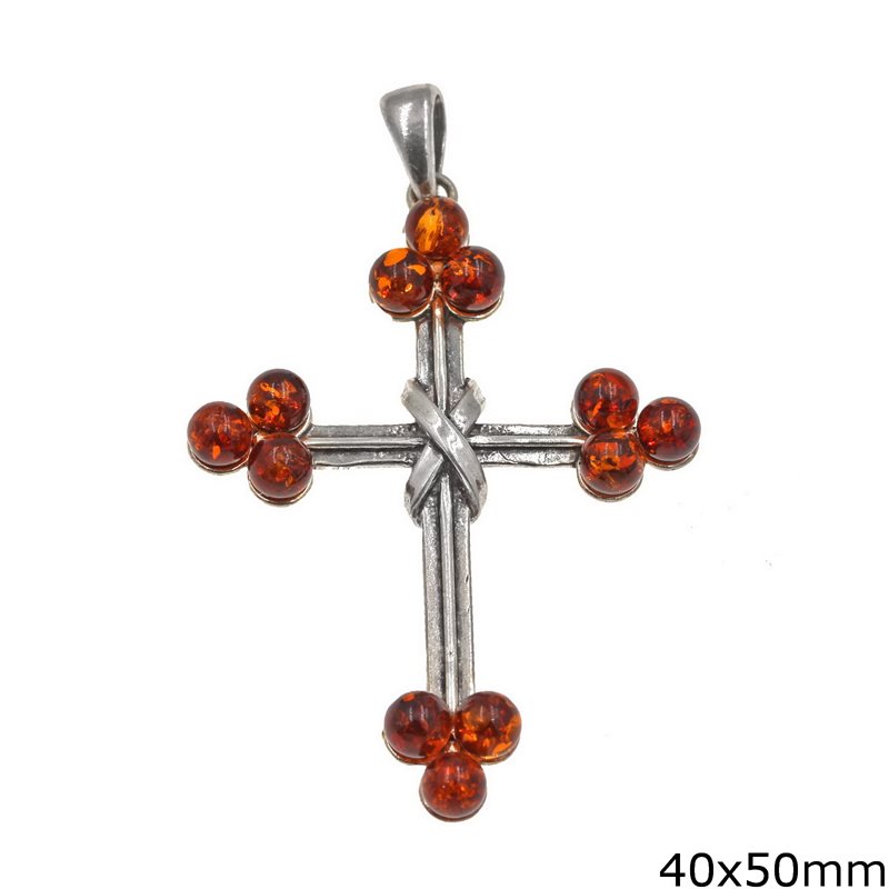 Silver 925 Pendant Cross with Amber Stones 40x50mm