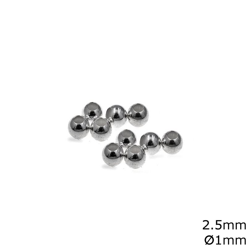 Silver 925 Round Bead Rhodium Plated 2.5mm, Hole 1mm