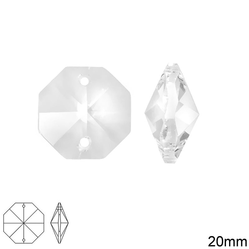 Octagon Crystal 20mm with 2Holes, Crystal