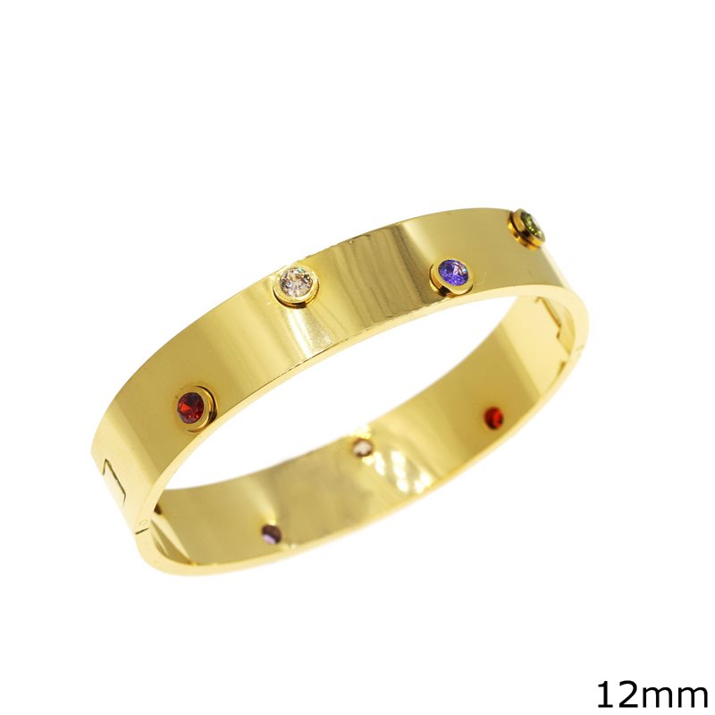 Stainless Steel Flat Cuff Bracelet with Multi Color Stones 12mm