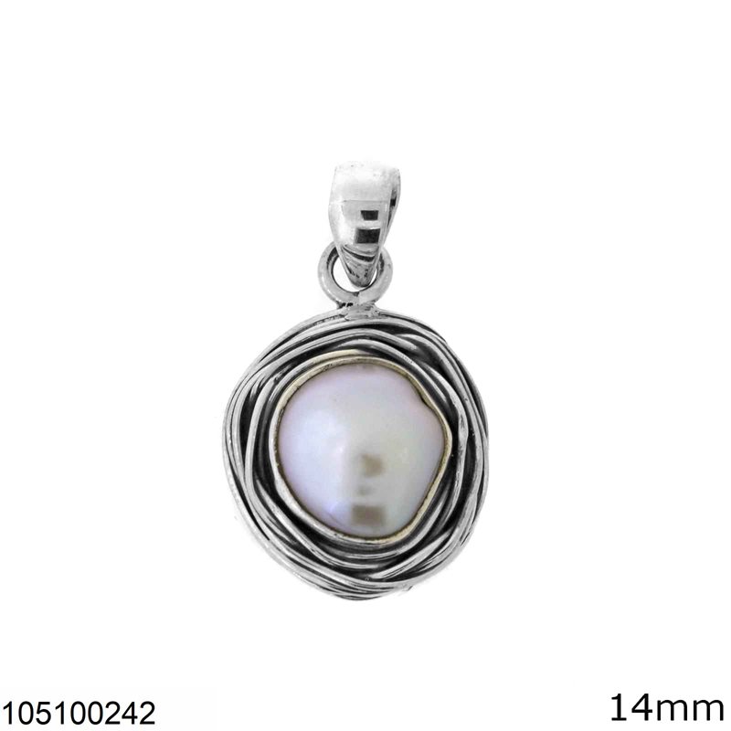 Silver 925 Pendant Oxyde with Freshwater Pearl 14mm