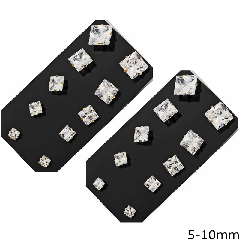Σκουλαρίκια Ατσάλινα με Τετράγωνο Ζιργκόν 5-10mm