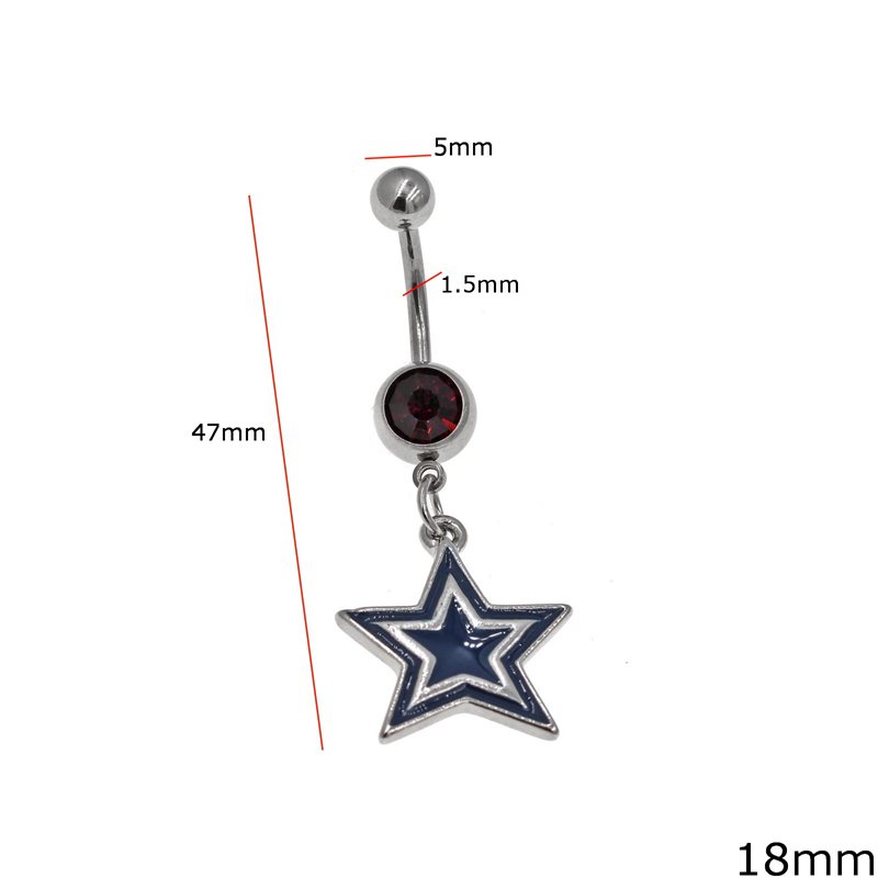 Stainless Steel Belly Button Ring with Hanging Enameled Star 18mm 