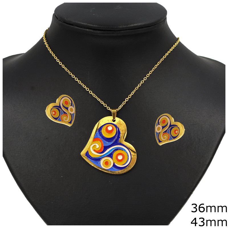 Stainless Steel Set Necklace 43mm and Earrings 36mm Heart with Enamel