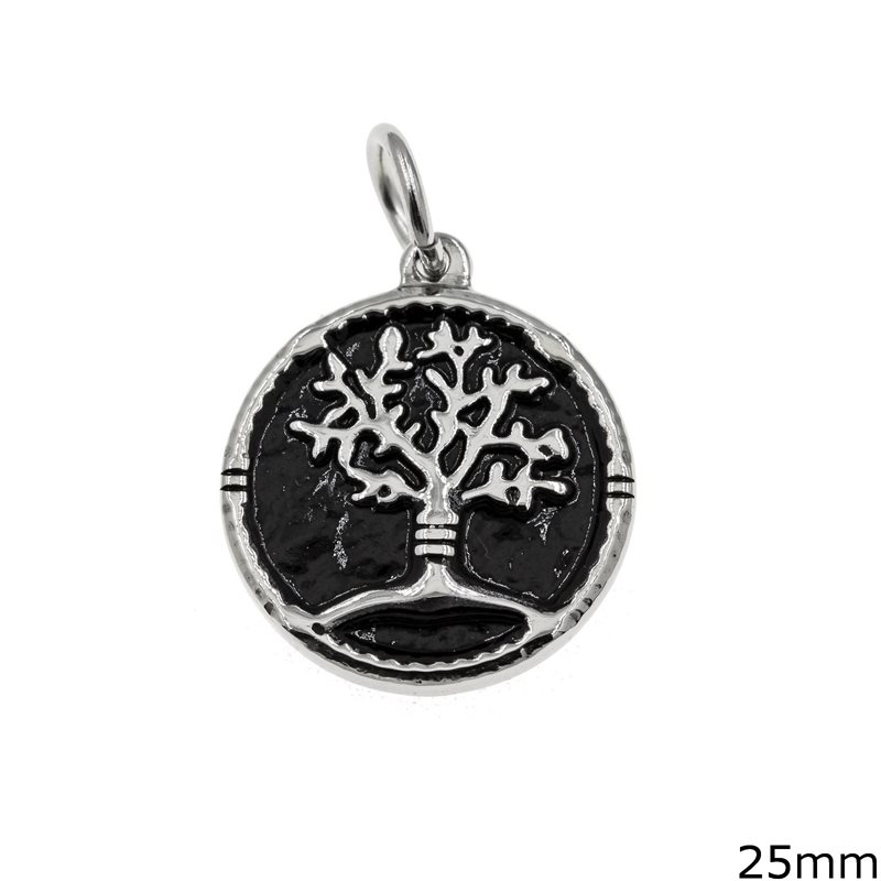 Stainless Steel Pendant Enameled Disk with Tree 25mm
