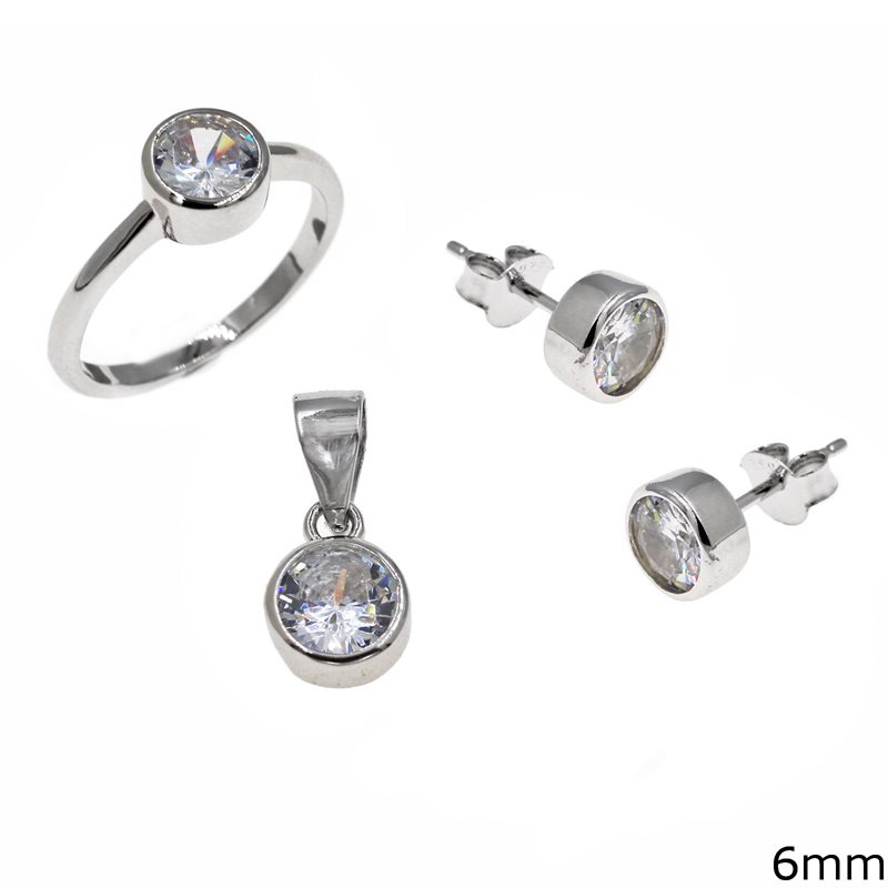 Silver 925 Set of Ring, Earrings and Pendant with Stone 6mm 