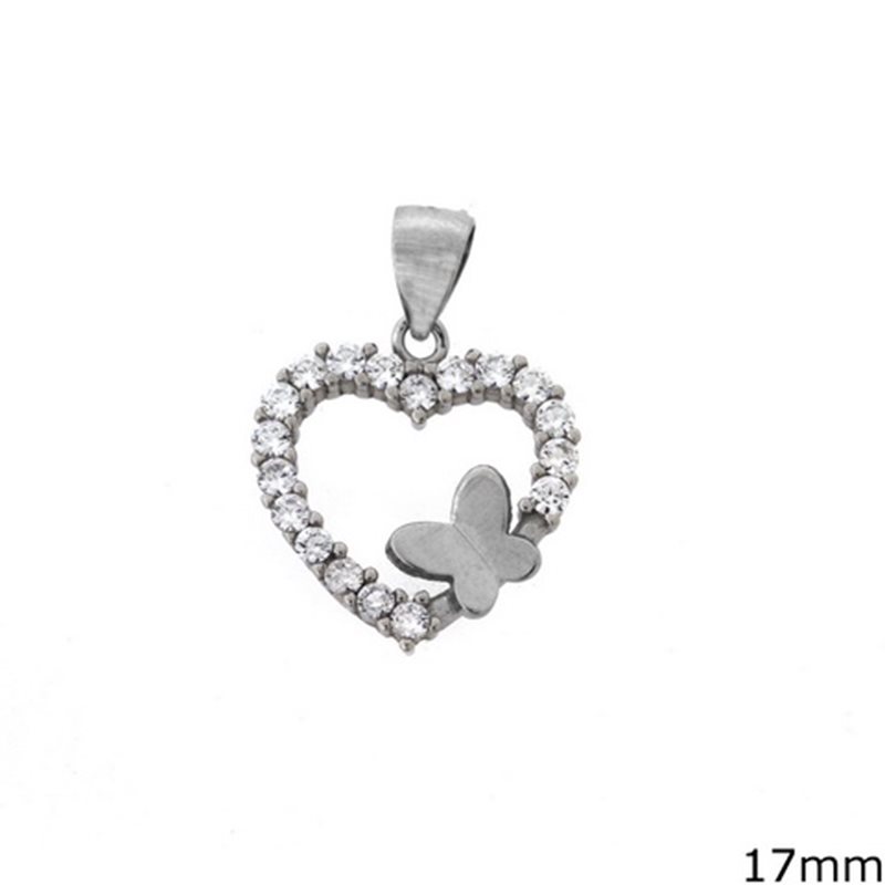 Silver 925 Pendant Heart with Butterfly and Zircon 17mm