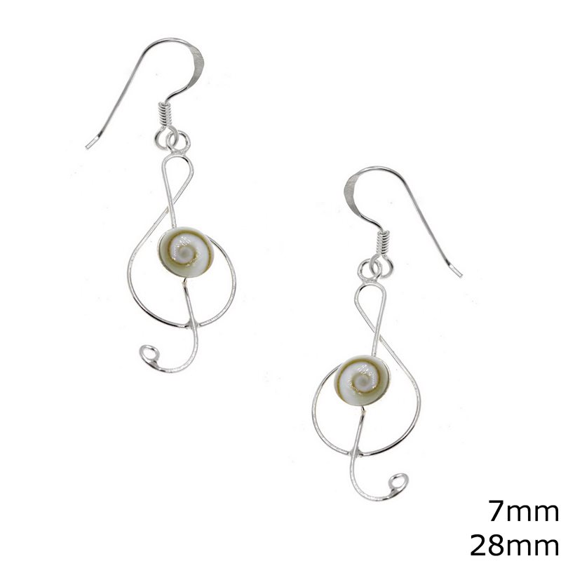 Silver 925 Hook Earrings Sol Key 28mm with Shiva's Eye 7mm