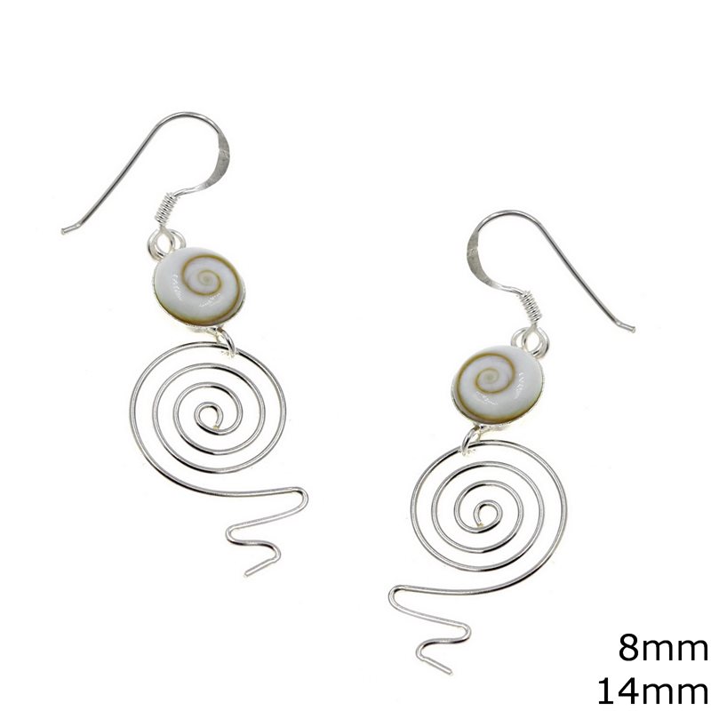 Silver 925  Hook Earrings Spiral 14mm with Shiva's Eye 8mm