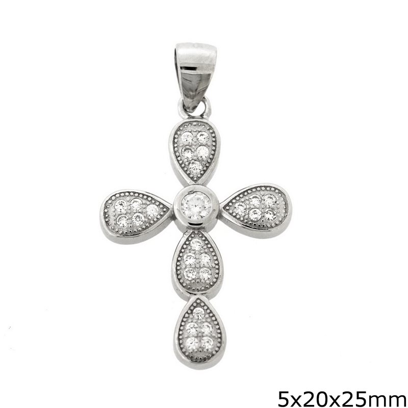 Silver 925 Pendant Cross with Pearshaped Motif and Zircon 5x20x25mm