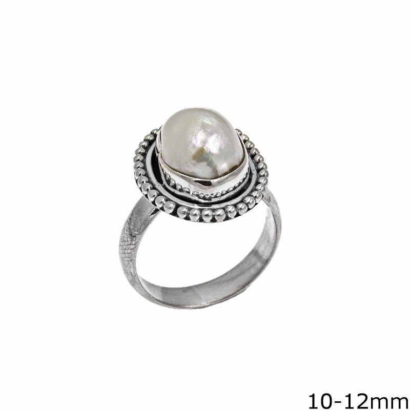 Silver   925 Oxyde Ring with Freshwater Pearl 10-12mm