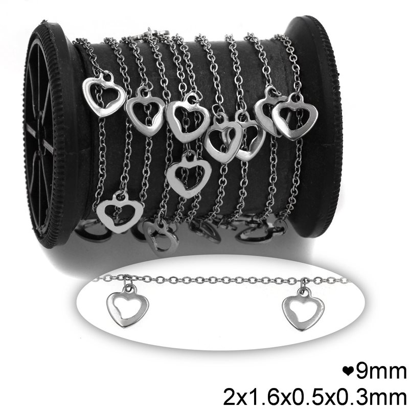 Stainless Steel Oval Link Chain Flat Wire2x1.6x0.5x0.3mm with Heart 9mm