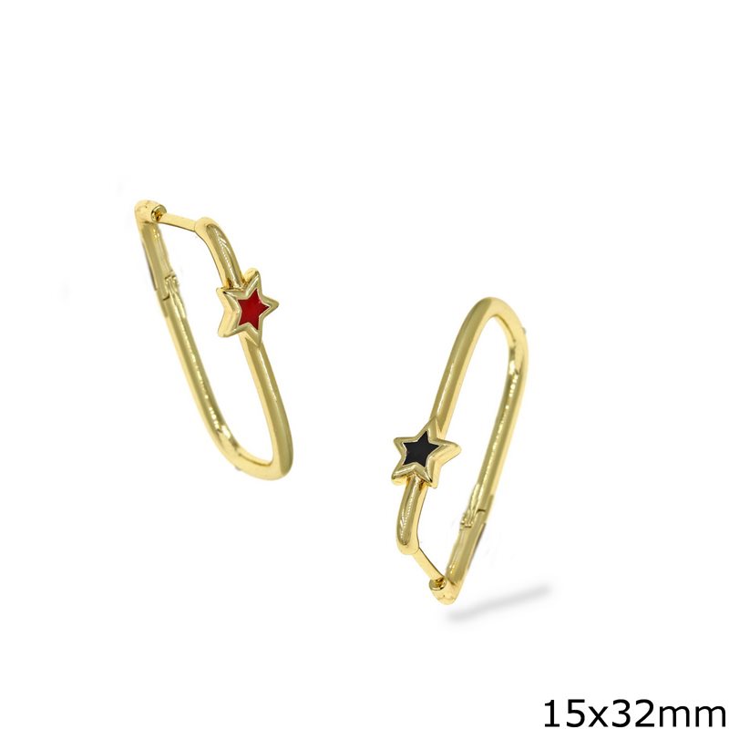 Brass Oval Hoop Earrings with Enameled Star  15x32mm