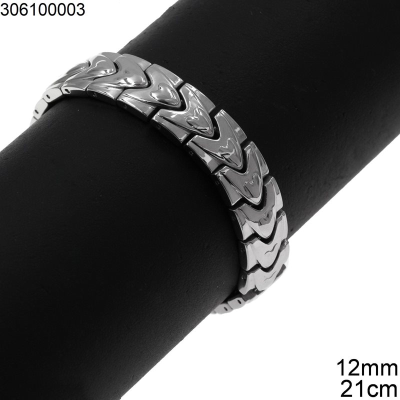 Stainless Steel Bracelet with Hearts 12mm, 21cm