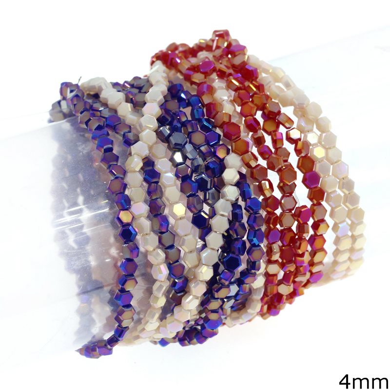 Glass Hexagon Beads with Faceted Edge 4mm