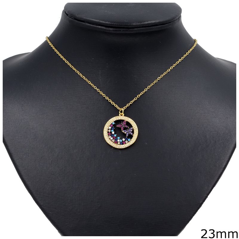 Metallic Necklace with Circle and Multi Color Stones 23mm