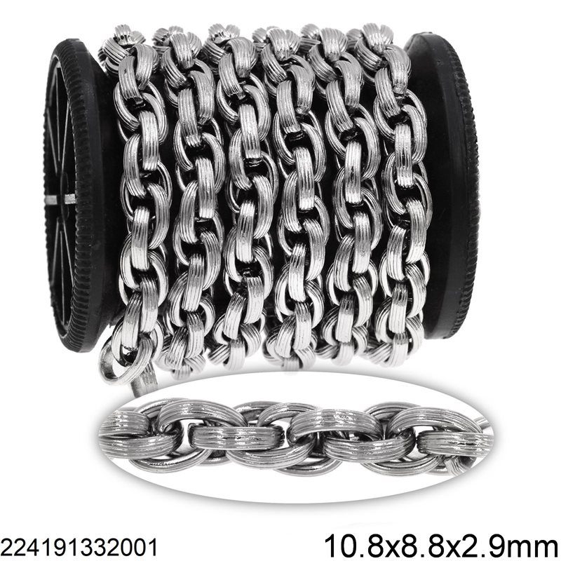 Stainless Steel Twisted Oval Link Chain Line Textured 10.8x8.8x2.9mm