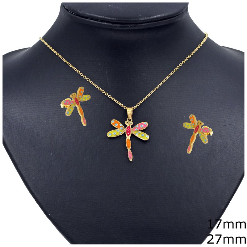 Stainless Steel Set of Necklace Dragonfly 27mm and Earrings 17mm with Enamel 