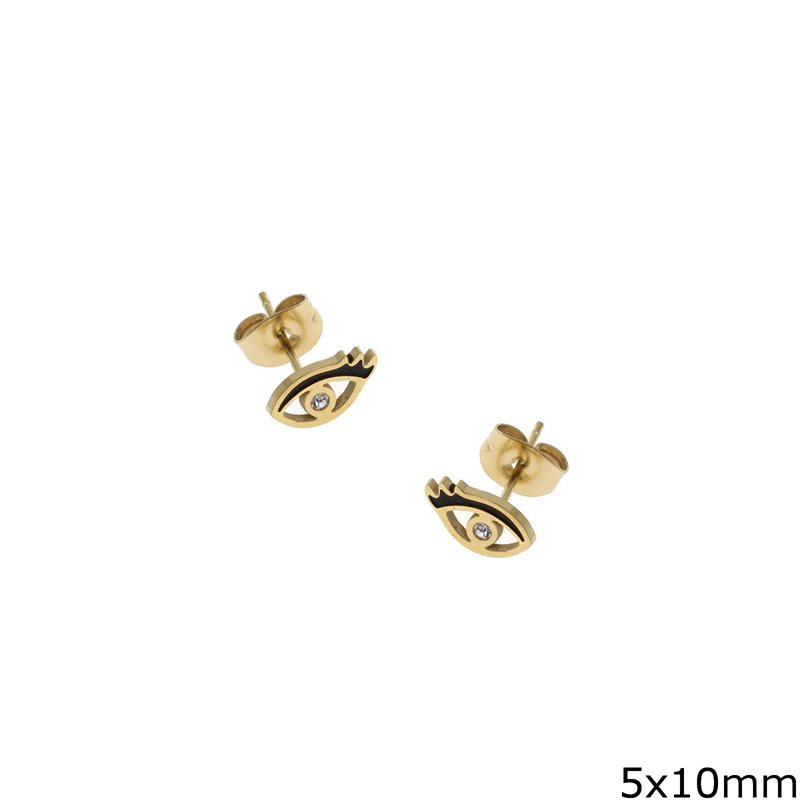 Σκουλαρίκια Ατσάλινα Καρφί Ματάκι με Μαύρο Σμάλτο 5x10mm, Χρυσό