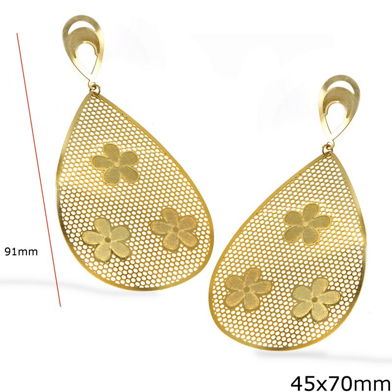 Stainless Steel Pearshaped Lacy Earrings 45x70mm, Gold
